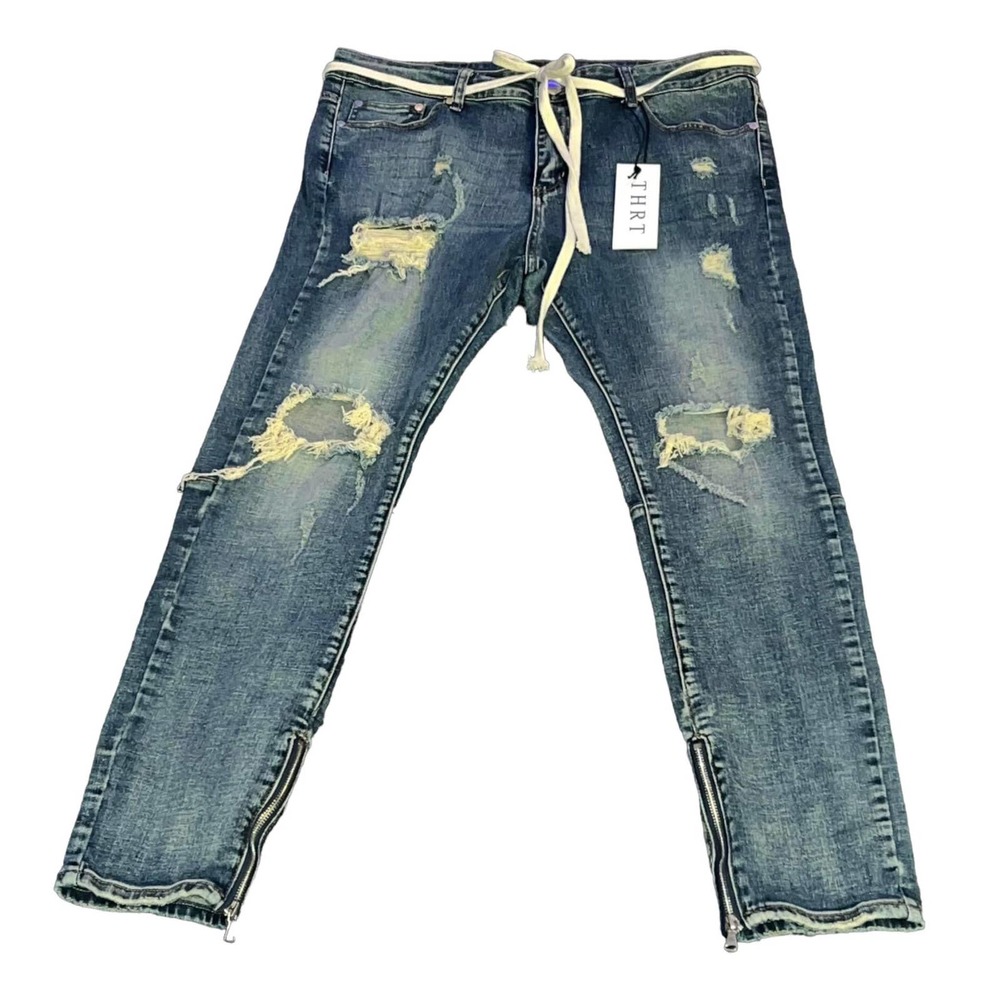 THRT Blue Denim Distressed Jeans Skinny Ankle Zip Men’s Size 40 NWT